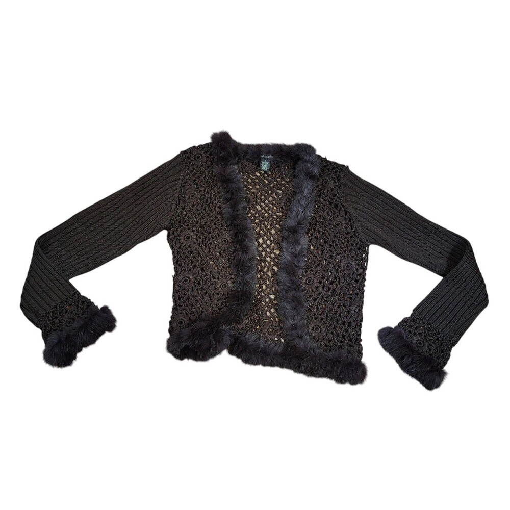 Womens Y2K Open Knit Crochet Cardigan Size Small Brown Faux Fur Trim Boho